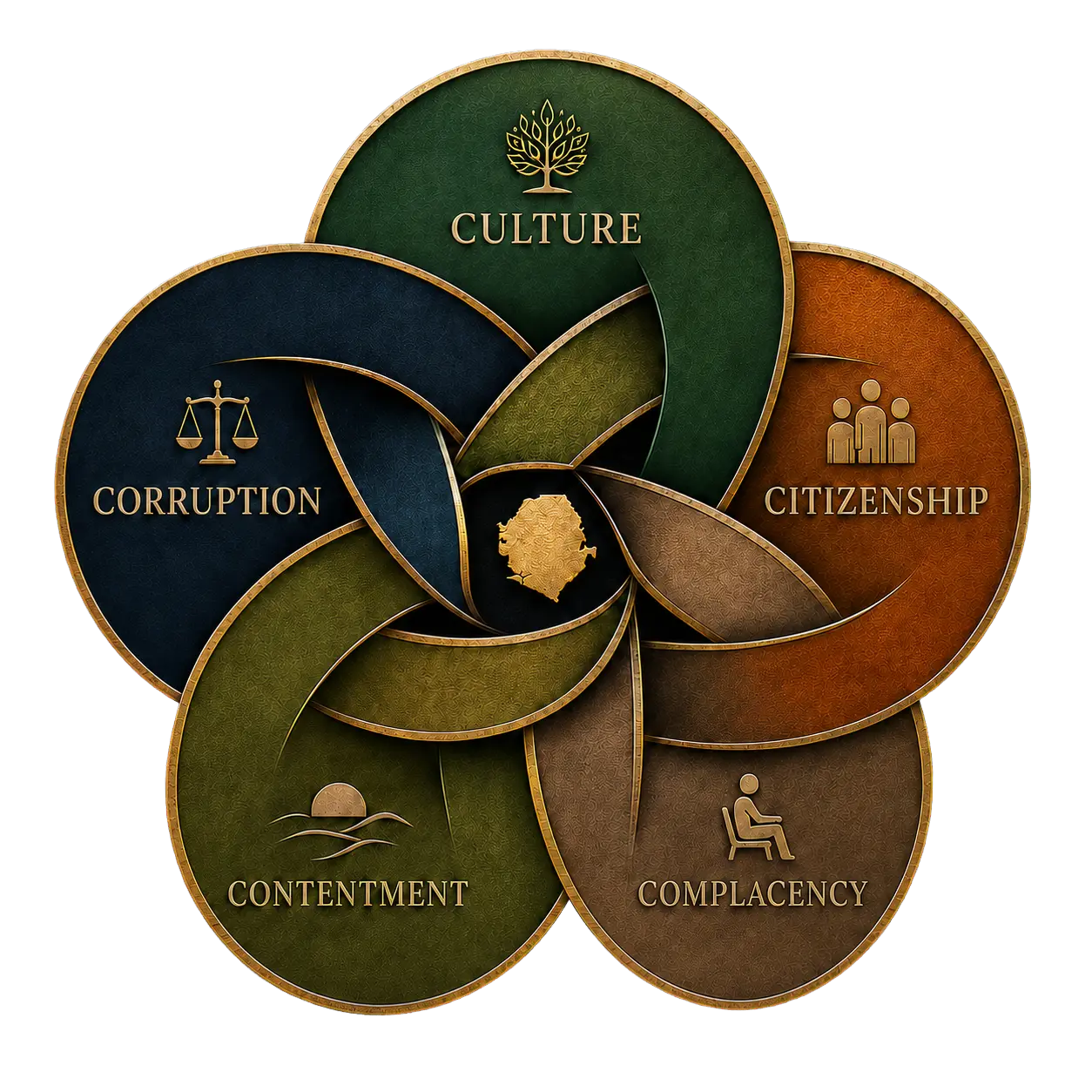 Five interlocking forms representing Culture, Corruption, Citizenship, Contentment, and Complacency